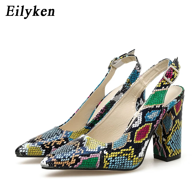 Eilyken/ г., новые модные летние туфли-лодочки с ремешком и пряжкой под змеиную кожу женские босоножки женская обувь для отдыха на высоком каблуке с острым носком