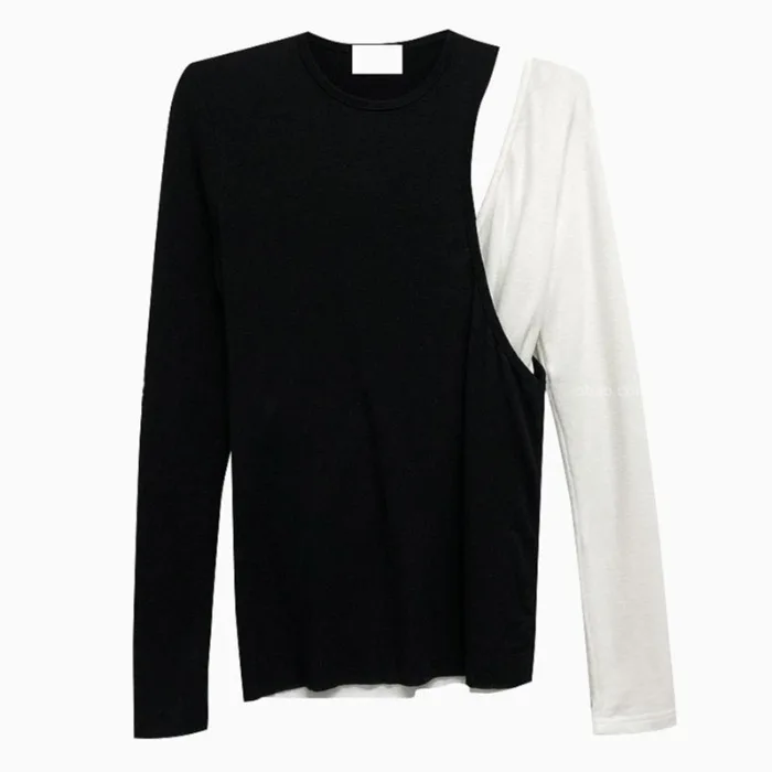 

Design Non-mainstream Retro Korean Ins One-Shoulder Hollow Contrast Color Western Style Fashion Loose All-Match Long Sleeve