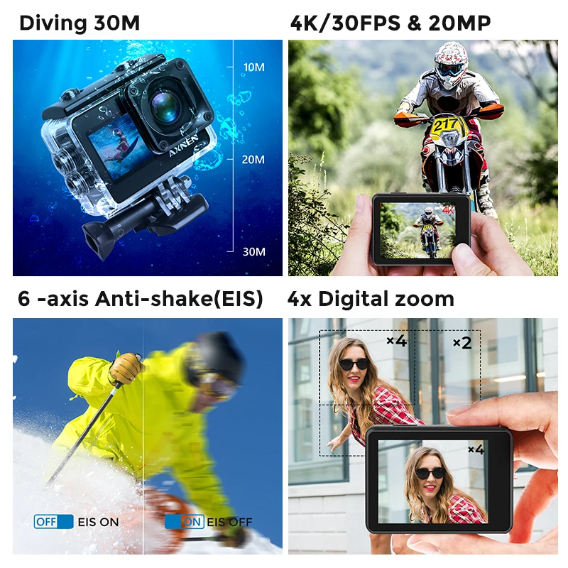 AXNEN A10 Action Camera 4K Video Shooting Sports Cam EIS Touch Screen Webcam 20MP Vlog Wifi Remote Car DVR Looping Record | Электроника