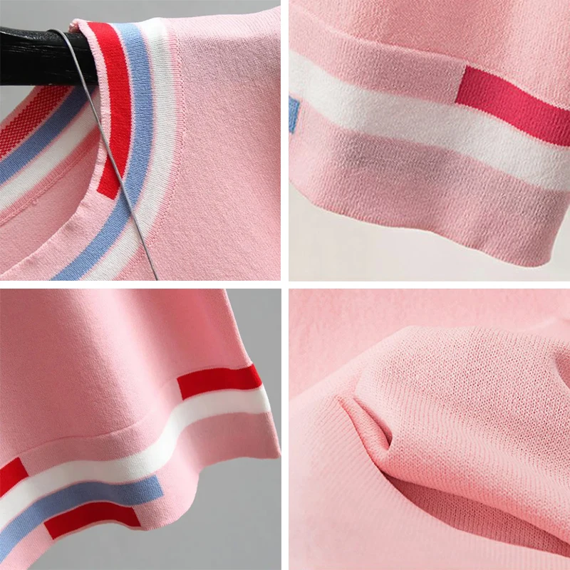 

Summer Casual Slim O-Neck Knitwear Tops 2021 New Korean Style Tee Female Fashion Stripe Short Sleeve Knitted T-Shirt Women