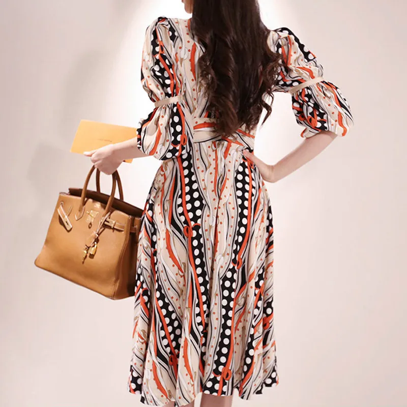 

Puff Sleeve Retro Striped Print A-line Dress Women Casual Holidays Vocation Dresses OL Summer Swing Beach Vestidos