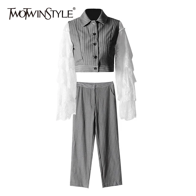 Женский костюм в полоску TWOTWINSTYLE повседневный двойка с кружевными рукавами