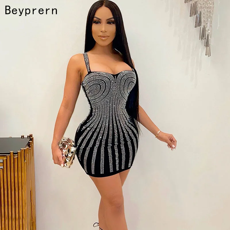 

Beyprern New Chic Sleeveless Crystal Embellished Mini Dress Glam Womens Spagetti Straps Bodycon Short Party Club Dress Wholesale