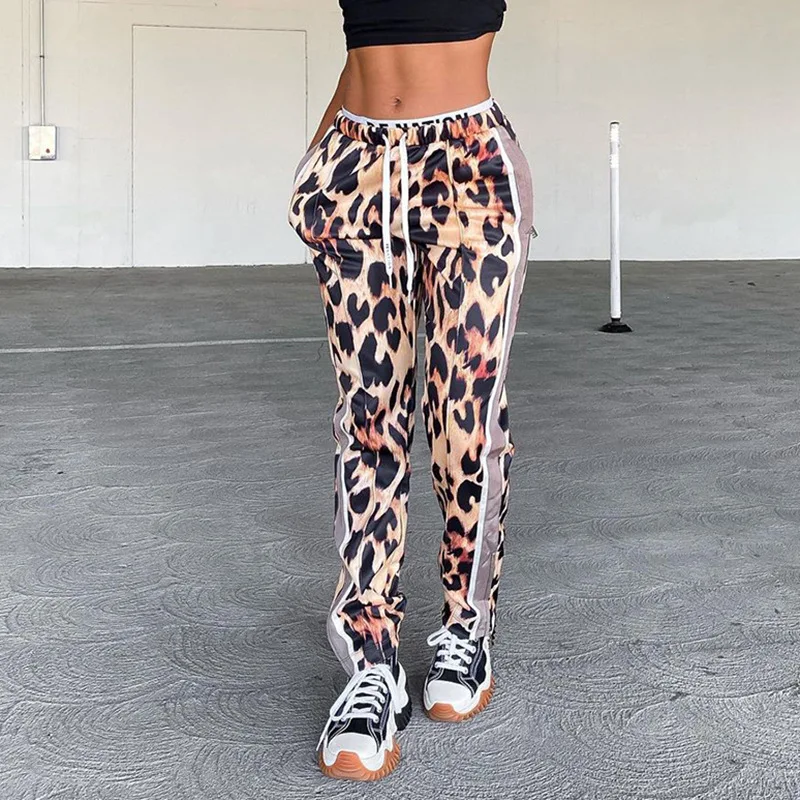 

Y2K Women Casual Trousers Fashion Leopard Print Contrast Color Elastic Waist Wide Slim Casual Straight-leg Pants Woman Clothing