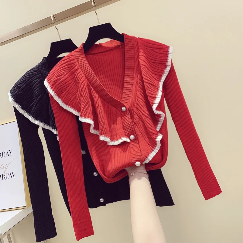 4XL sweater flounced stitching women's 2019 new Autumn fat sister knitted single-breasted |