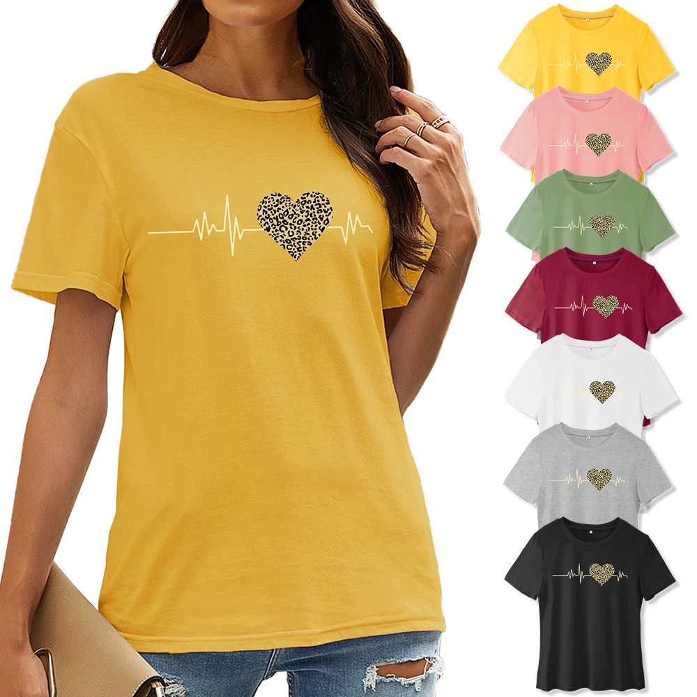 

Women's Short Sleeve T-Shirt Tops Heartbeat Print Crew-Neck T-Shirts Female Fashion Summer Ladies T-shirt Casual Streetwear D30