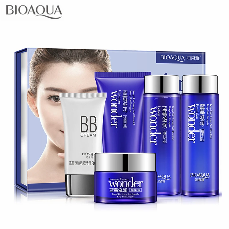 Miracle Blueberry Skin Care Set Moisturizing Essence Face Cream Toner Lotion Facial Cleanser BB Cream Brightening Anti Aging 5PC