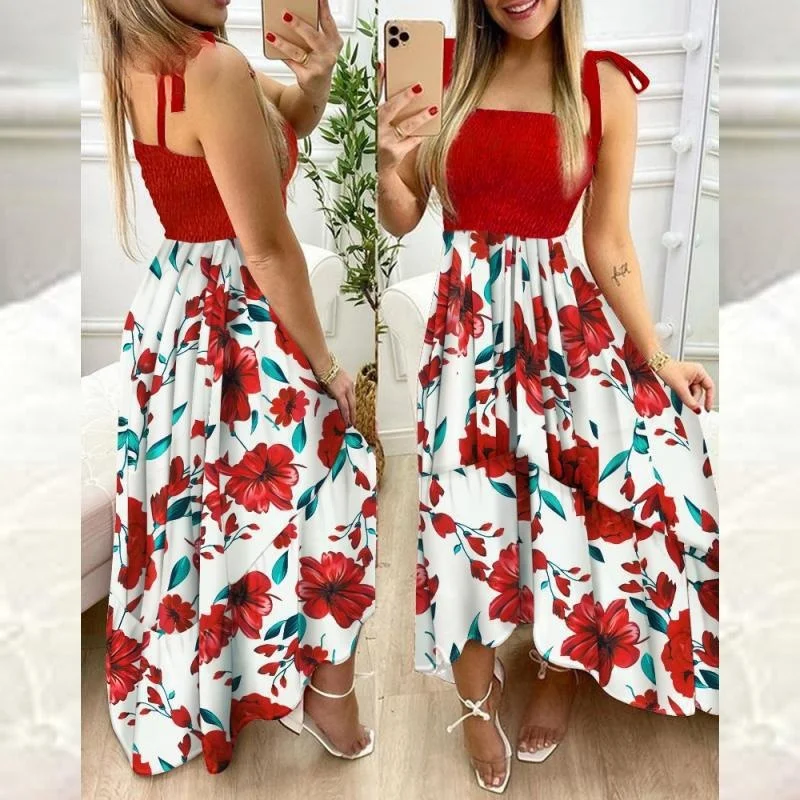 

Женское платье с винтажным принтом, Длинное Элегантное вечернее платье без рукавов, на бретелях-бантах, для лета, 2021