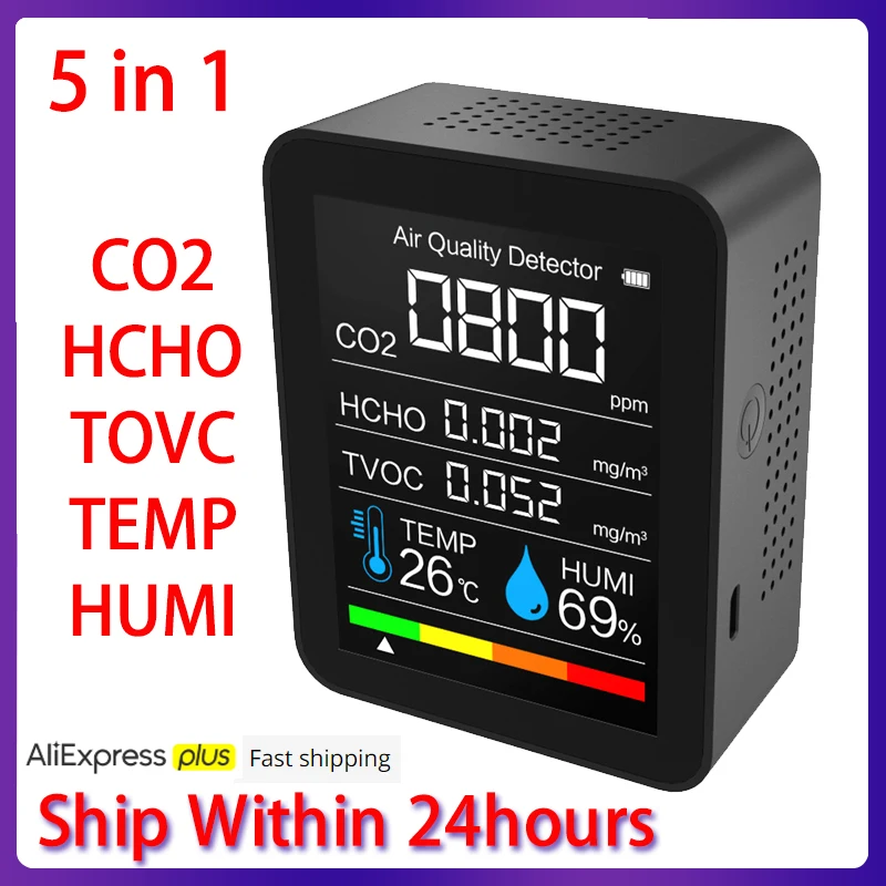 

Portable CO2 Meter Digital Temperature Humidity Sensor Tester Air Quality Monitor Carbon Dioxide TVOC Formaldehyde HCHO Detector