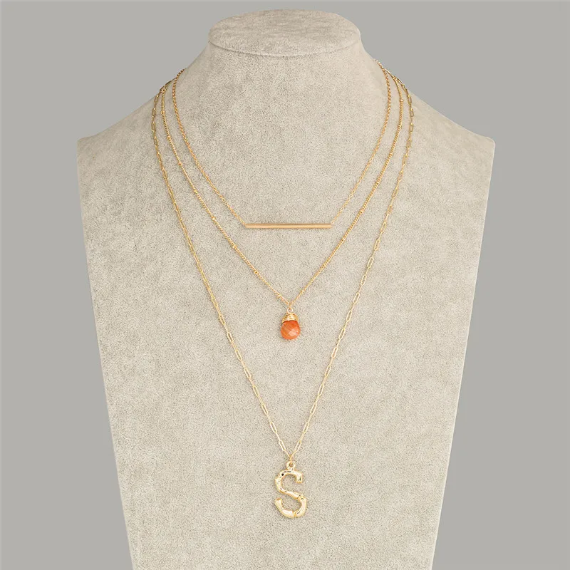 

26 Initial Letter Necklace Multi Layer Gold Color Chain Metal Alphabet Natural Stone Pendant Necklace Jewelry For Female Gift