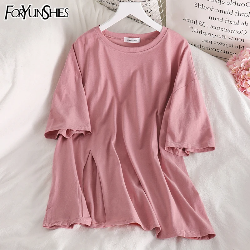 

2021Summer Pink Oversize Short Sleeve Slit T-Shirt Women Kawaii White Black Casual Top Harajuku Loose Tshirt Teenage Clothes Tee
