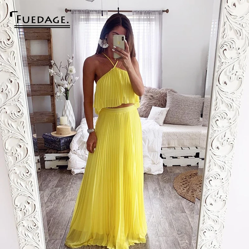 Fuedage Летний шифоновый Зеленый сексуальный комплект из двух предметов с рюшами