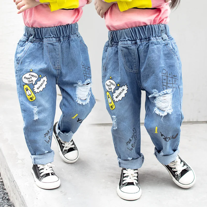 Детские рваные джинсы длинные штаны От 3 до 8 лет г. Весенне-осенне-зимние синие