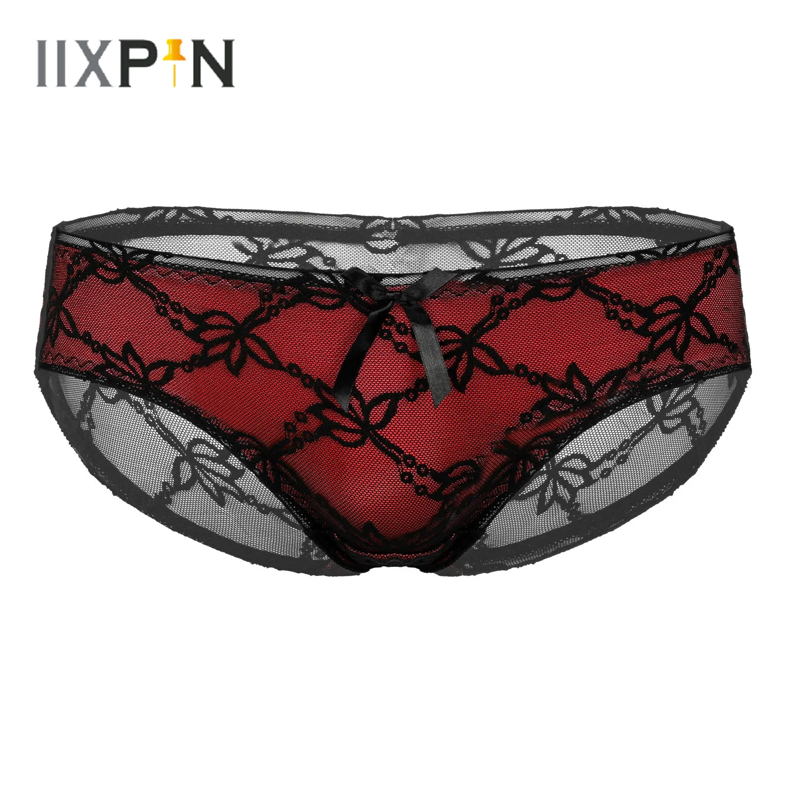 

Mens Sissy Underpants Transparent Floral Lace Briefs Low Rise Patchwork Erotic Undershorts Bowknot Lingerie Gay Male Underwear
