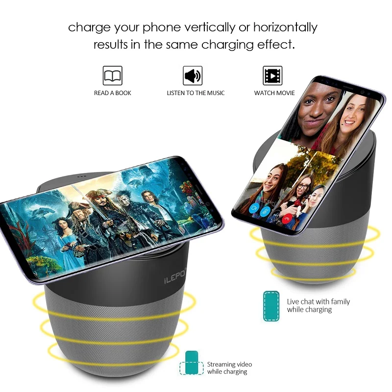 

3 in 1 QI Wireless Charger for iPhone Samsung Smart Bluetooth Speaker 1800mah Travel Charger Radio Music Player Phone Holder