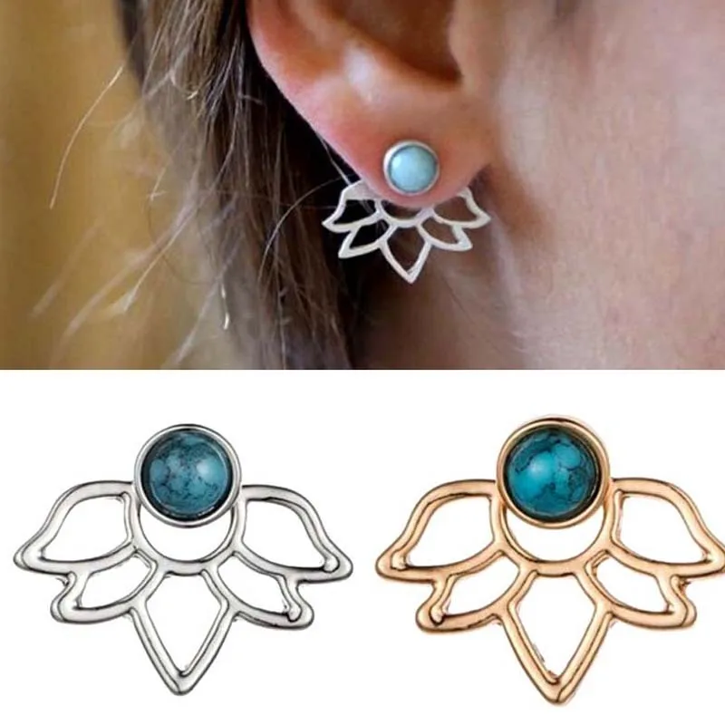 Двухсторонние серьги в виде лотоса полые Водяные лилии простые с цветком синие