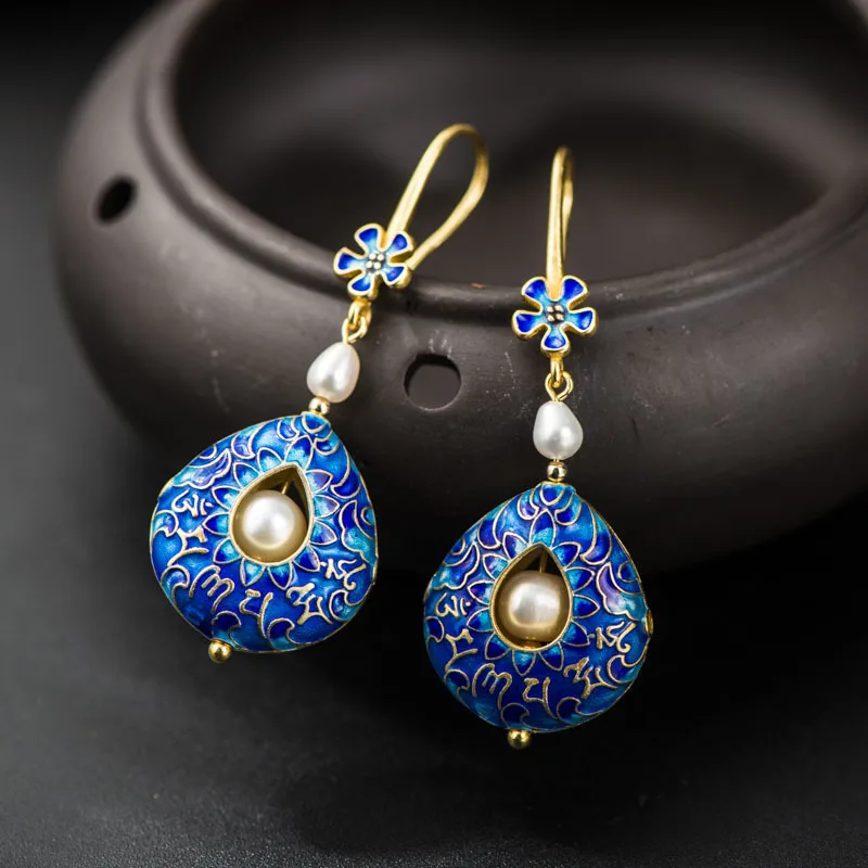 

S925 Silver color Freshwater Pearl Earrings Ethnic Mosaic Buddhist scriptures mantra cloisonne Drop earring Handmade Jewelry