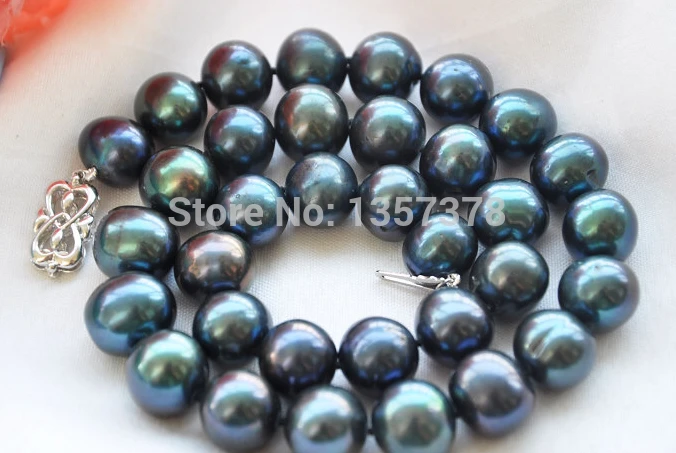 HUGE 11-12mm ROUND PEACOCK BLACK FW PEARL NECKLACE 17IN 925ss