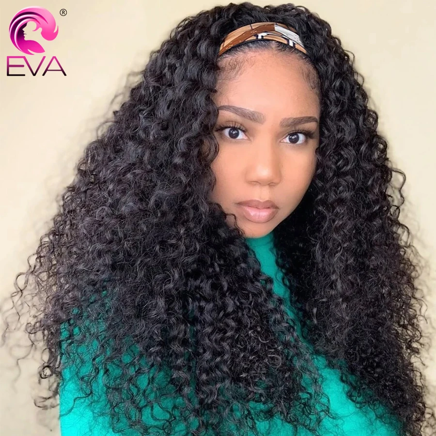 Eva Curly Headband Wigs For Black Women 100% Human Hair Headband Scarf Wig Brazilian Full Machine Made Human Hair Wigs Remy Hair