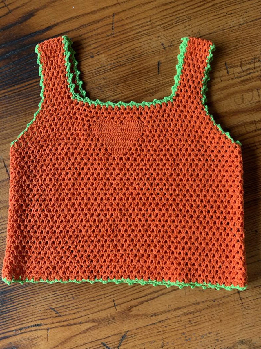 

Harry Styles Knitted Camisole Retro Sleeveless Contrast Color Knitted Camisole Orange Square Collar