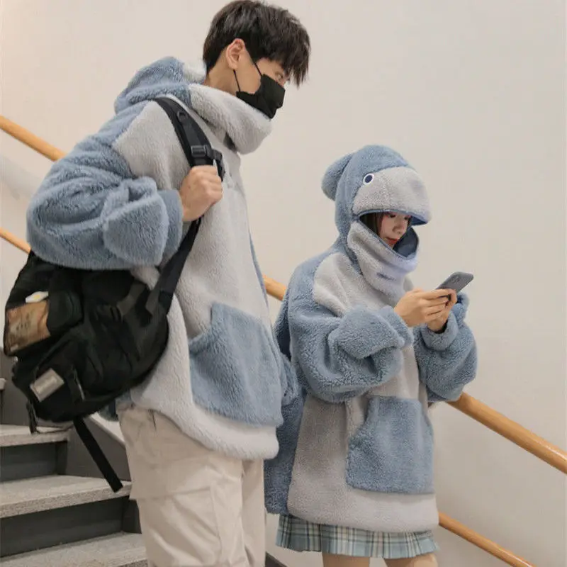 

QWEEK Kawaii Shark Hoodies Oversized Cute Sweatshirts Women Pullover Hoodie Japanese Cute Hoodies Female Kawaii Tops Warm Winter