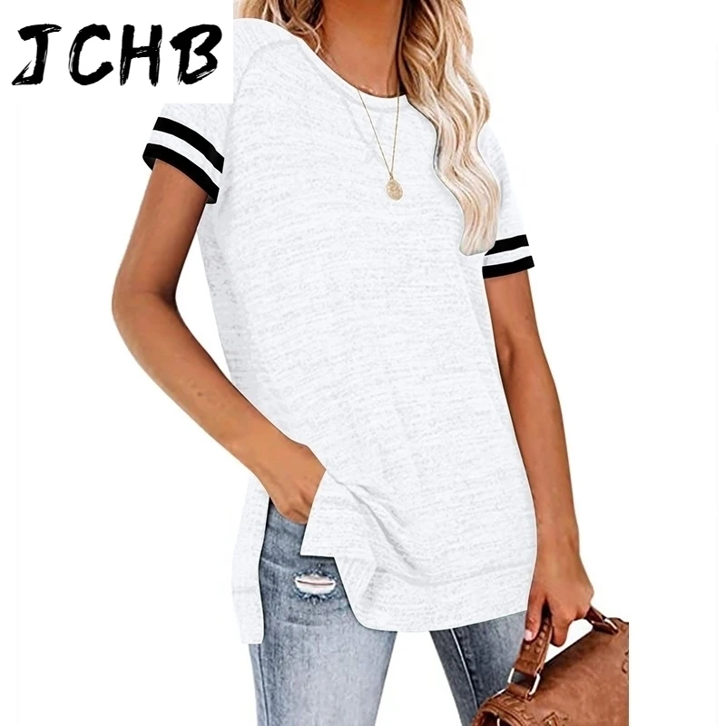 

Size Plus 5XL Women T-shirt Casual O-Neck Short Sleeve Solid Tshirt Top Female Fashion Stripe Patchwork Pullover Cotton Tee 2021