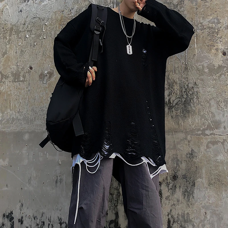 

ripped hole hip hop punk knitted sweater men women black gray harajuku vintage sweaters oversized pullover jersey