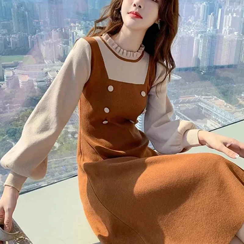 

Женское трикотажное платье-трапеция, облегающее платье Вечерние длинным рукавом и воротником «листья лотоса», Осень-зима 2021