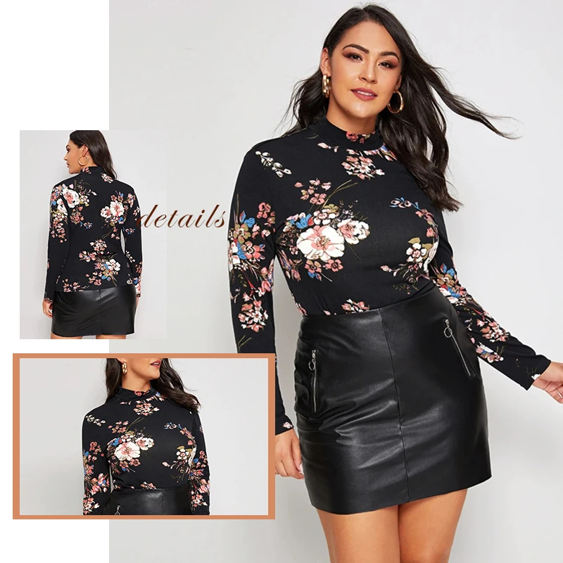 Sheinside размера плюс Цветочный принт со стоячим воротником футболка Для женщин осень Повседневное узкие Футболка женские эластичные отделка верха
