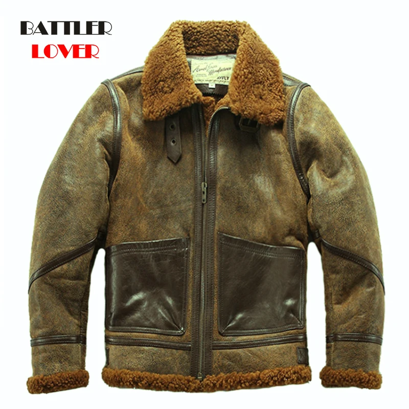 

Winter Genuine Sheepskin Leather Jackets For Men Super Thick Sheepskin Air Force Flight Suit Coats Male Shearling Warm Overcoats