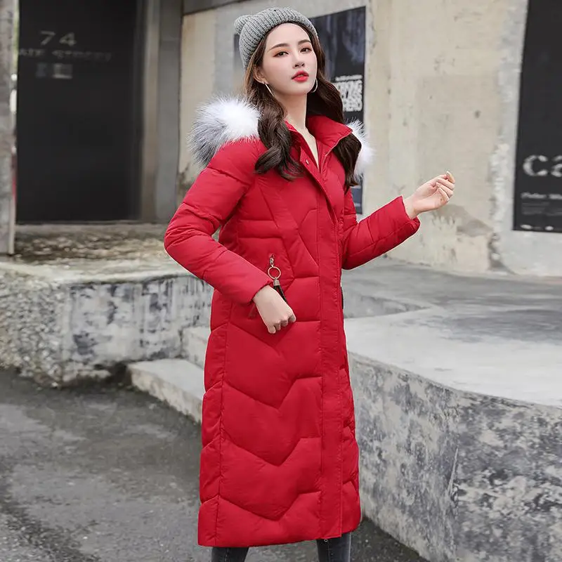 Женский пуховик, хлопковая одежда, Женская длинная куртка в Корейском стиле, свободные пальто до колена, зима, большой размер, большой меховой воротник, хлопковая куртка, куртки 3XL, верхняя одежда, mujer, черный, синий, красный - Цвет: Красный