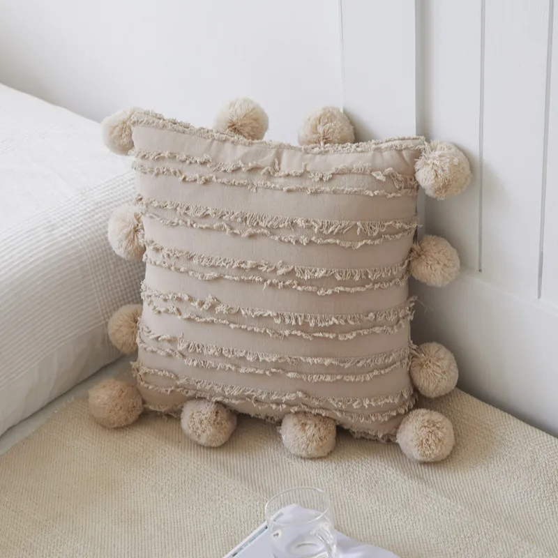 Чехол для подушки из хлопка и льна квадратная наволочка с кисточками слоновой