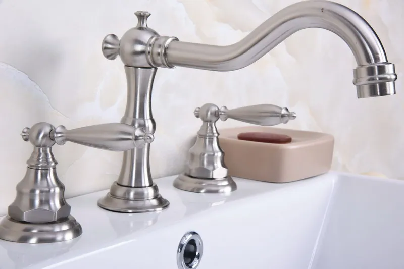Brushed Nickel Brass Widespread Deck-Mounted Tub 3 Holes Dual Lever Handles Kitchen Bathroom Sink Basin Faucet Tap mbn013 | Обустройство