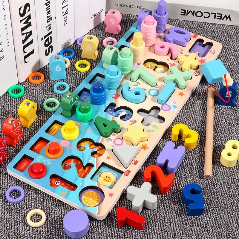

Игрушки Монтессори для детей, математические Обучающие деревянные игрушки 6 в 1, количество чисел для рыбалки, подходящие цифровые настольн...