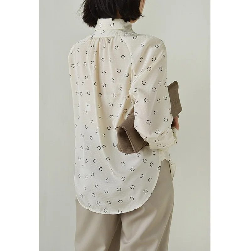 

Elegant Shirt Women Summer Funny Smiley Face Pattern Long Sleeve Loose Blouse Ladies Tops Three-dimensional Jacquard Fabric