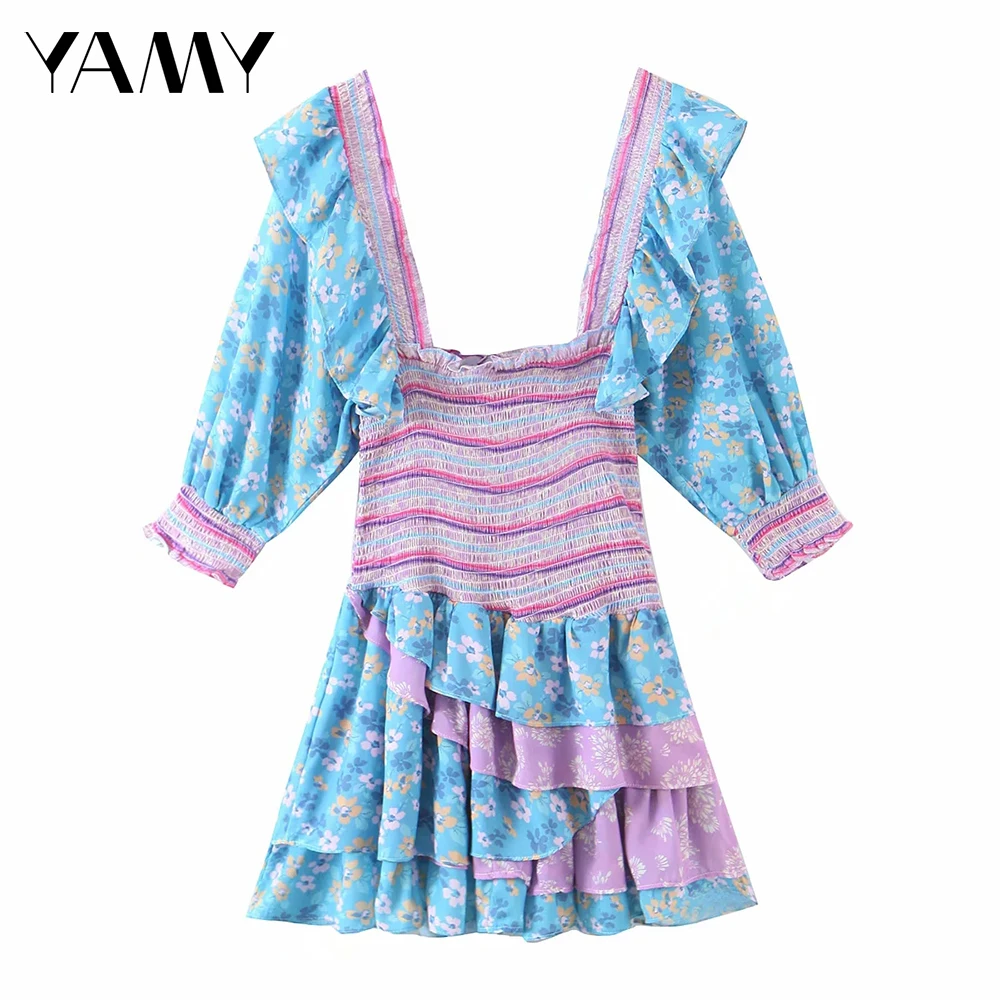 

Женское платье с пышными рукавами YAMYi, летнее эластичное мини-платье с квадратным вырезом и оборками, праздничное платье, 2021
