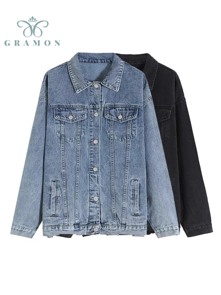 

Denim Coat Woman Plus Size Single Breasted Turn-down Collar Long Sleeve Streetwear All-Match Fall Vintage Mujer Cowboy Jacket