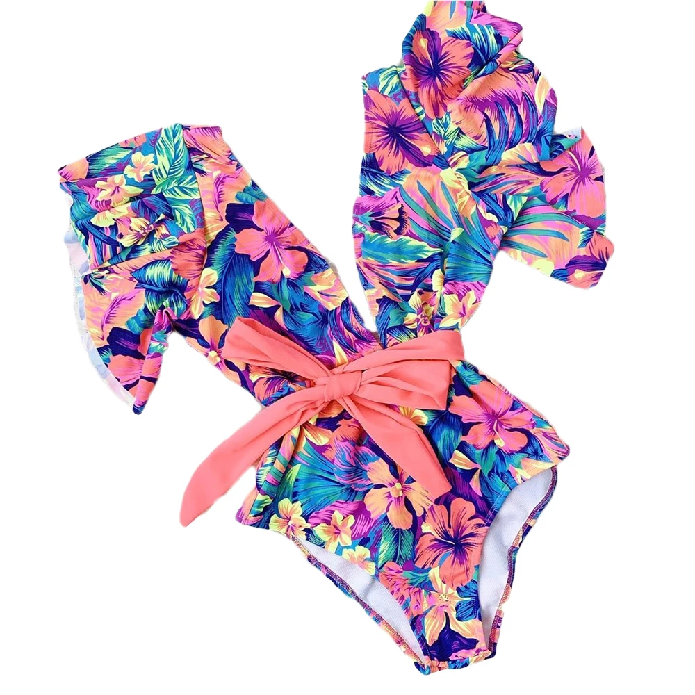 

Women Sexy One Piece Floral Print Bikini V Neck Lace up Female Fashion Beach Swimwear Summer Flare Bathing Suits 2021 New