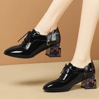 british snake pattern patent leather shoes women flats pointed toe loafers lace up multicolor crystal chunky heels oxfords 2020