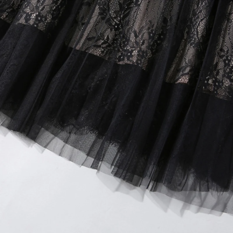 

New Autumn Woman Lace Mid Dress Ruffles Neck Ladies Elegant A-line Dresses Slim Hollowed Laces Dress Woman