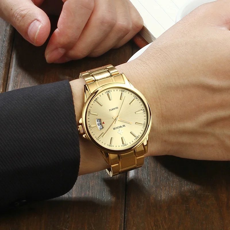 Relogios Masculino WWOOR Mens Watch Top Luxury Gold Quartz Calandar Clock Men Golden Stainless Steel Sport Watch erkek kol saati brand luxury quartz watch men casual quartz watch stainless steel face ultra thin clock male relogio masculino erkek kol saati