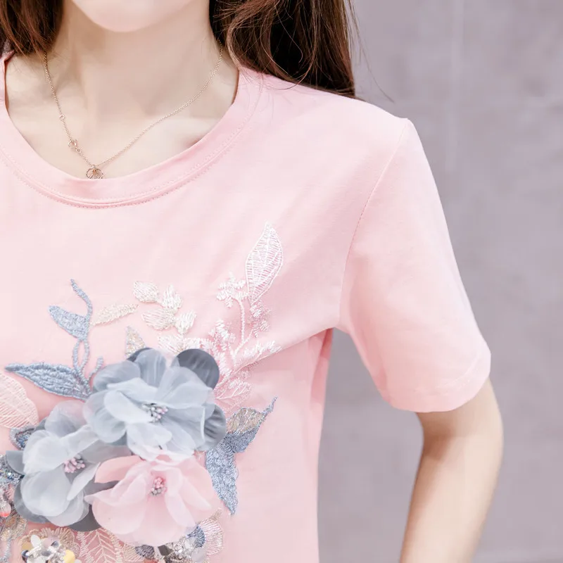 Тяжелая промышленная Футболка с блестками и 3D цветочной вышивкой женская летняя