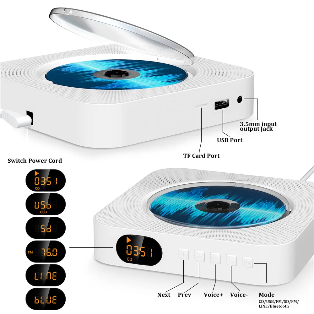 

Wall Mounted CD Player With Bluetooth Remote Control Home Stereo FM Radio HiFi Sound Music Built-in Speaker Discman Lecteur CD