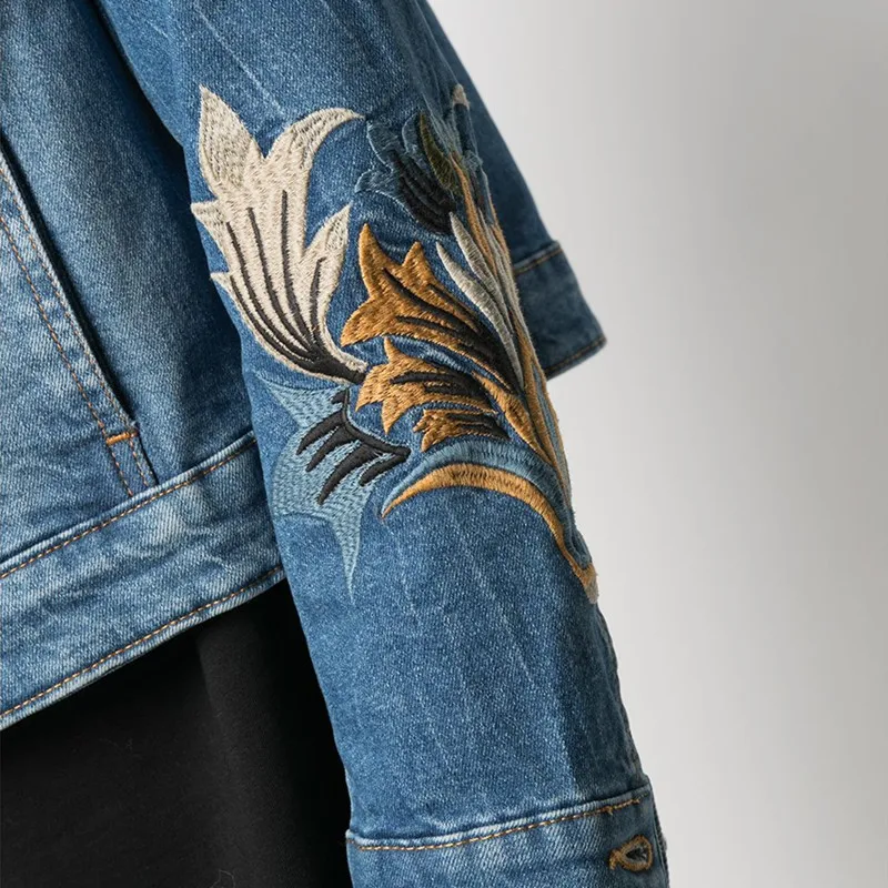 

Women's Tulip Embroidered Denim Coat Turn-down Collar Single Breasted Jacket 2021 Spring Autumn