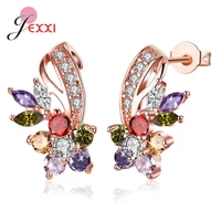 trendy colorful crystal stud earrings rose gold color leaves flower cubic zircon fashion jewelry earrings for women
