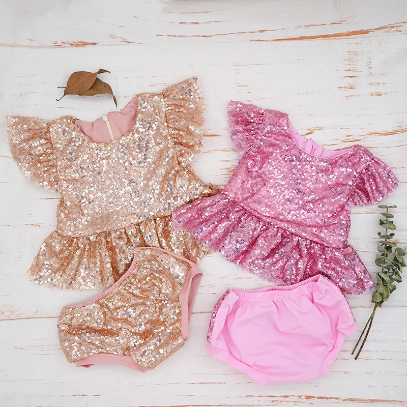 Комплект летней одежды для новорожденных девочек с блестками и рюшами Одежда