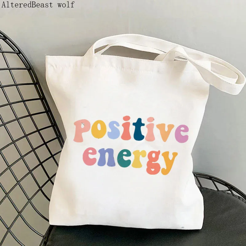 

Women Shopper bag Positive Energy Girl Power Kawaii Bag Harajuku Shopping Canvas Shopper Bag girl handbag Tote Shoulder Lady Bag