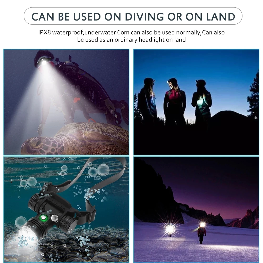 

Cazadora Diving Headlight Headlamp Head Flashlight 1000LM XML L2 LED Waterproof Underwater 50M Diving Light Flashlight