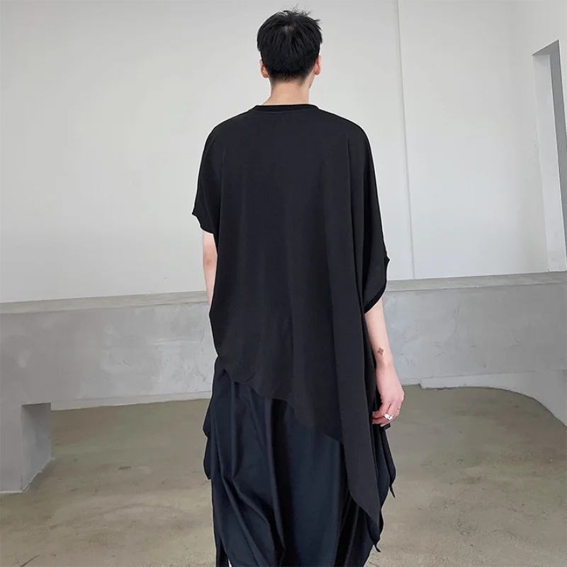 Men summer irregular asymmetry niche design large size loose round collar personality T-shirt stylish dark INS shirt
