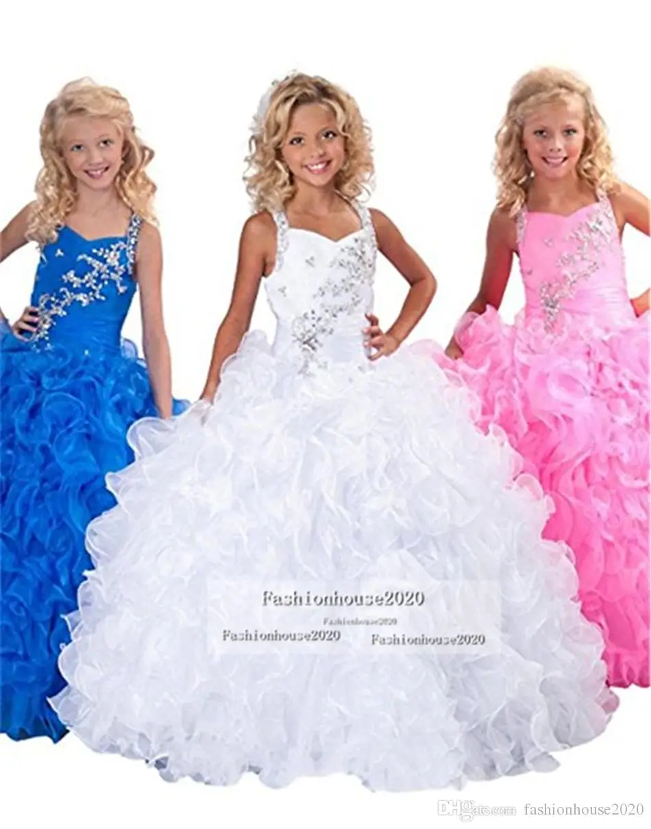 

White Organza Ball Gown Flower Girl Dresses For Wedding Square Neck Beaded Crystal Girls Pageant Dress Kids Prom Party Gowns